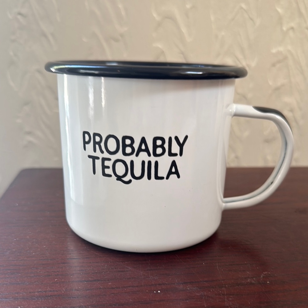 White Enamel Mug with Black Rim - Probably Tequila